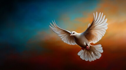 A white dove in flight against a colorful sunset sky.