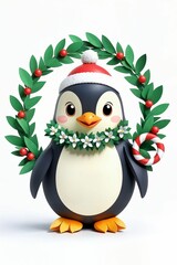 Fototapeta premium Greeting Card Design with Christmas Penguin and Wreath, 3D