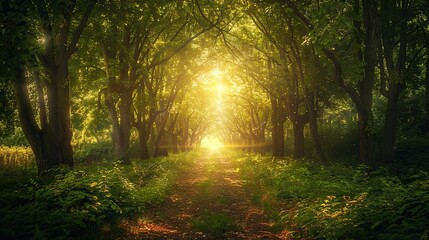 Obraz premium A forest with trees that glow with an internal light, illuminating the path ahead