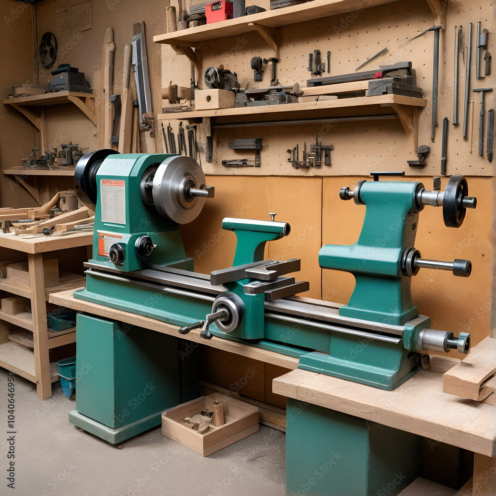 Wall mural wood lathe in a carpenter workshop.