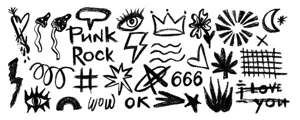 Obraz premium Vector set charcoal graffiti doodle punk and girly shapes . Hand drawn abstract scribbles and squiggles, various shapes . Scribbles, scrawls, stars, crown, punk, rock, moon, curly lines.