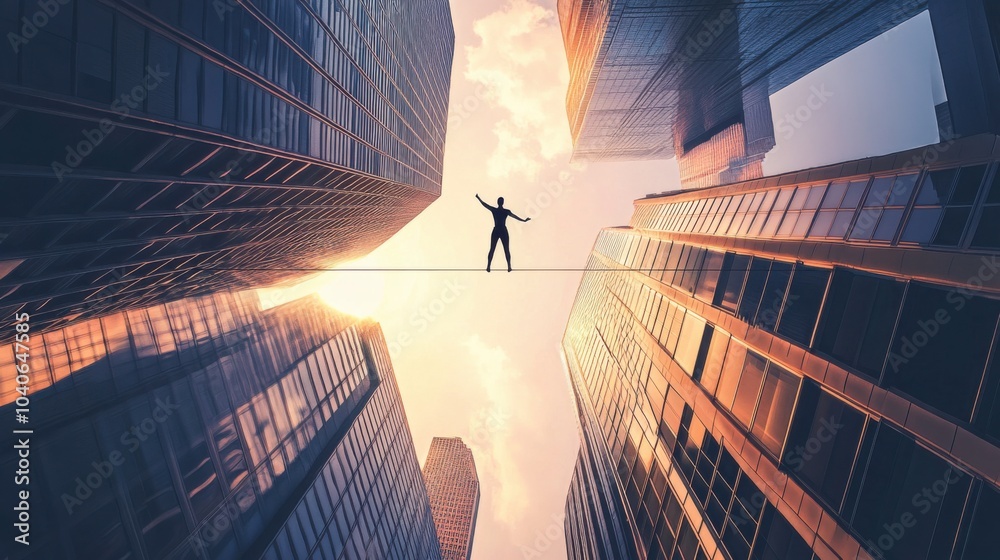 Poster a striking visual of a person walking on a tightrope stretched between two skyscrapers, with symbols