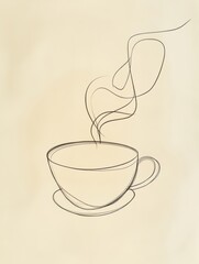 This artwork features a continuous line illustration of a tea cup, with gentle steam rising, symbolizing tranquility and comfort. Generative AI