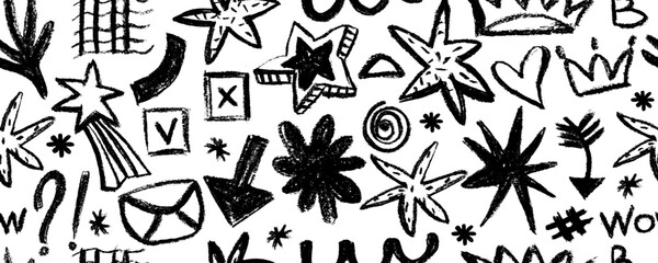 Vector seamless pattern stars, meteorite and figure doodle style drawn by hand. Grunge scrawls, charcoal scribbles, rough brush strokes. Bold charcoal freehand stars. Crayon or marker scribbles