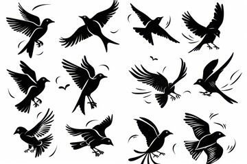 Fototapeta premium Bird icon set, black and white silhouettes, sparrow symbols, bird sign collection, graffiti spray