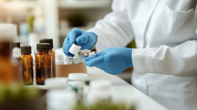 A detailed view of a pharmacist compounding customized medications in a pharmacy laboratory, with compounding tools and prescription bottles, Professional style