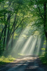 Obraz premium Forest Road Illuminated by Sunrays