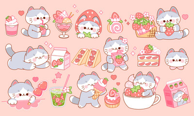Cute little cats sweets. Strawberry desserts and drinks, fruit milk and sweet food. Cartoon stickers, Animal character design tidy vector isolated set. Kawaii style collection.