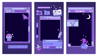 Dark mysterious stories template. Social media set design. Magical, witchy aesthetics cute kawaii backgrounds pack. Old computer elements, windows, icons.