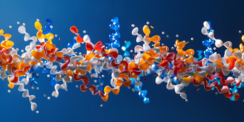 Colorful 3D protein structure on blue background, Protein chain with molecular details in biotechnology concept