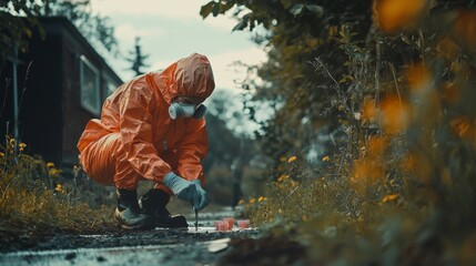 Obraz premium Scene of an investigator collecting evidence in gloves and protective gear