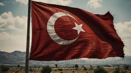 A Turkish flag waved proudly in the wind with a clear blue sky background with soft white clouds. The red flag was bright, and the white crescent and stars were defined sharply.