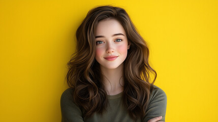 Naklejka premium a young woman with long hair, standing with her arms crossed and pointing to the left. The background is a solid bright yellow 