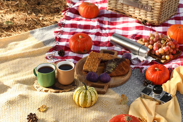 Pumpkins with cups of tea and tasty food for picnic on plaid in autumn park