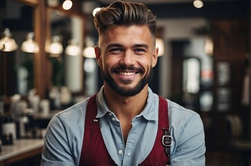 Obraz premium With his arms crossed and a bright smile, a male barber stands in his stylish, cozy barbershop, looking at the camera.
