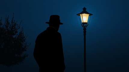 Obraz premium Silhouette of a detective in a fedora, standing under a streetlamp at night