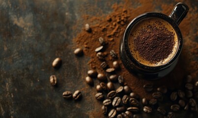 Black coffee, coffee beans and coffee powder