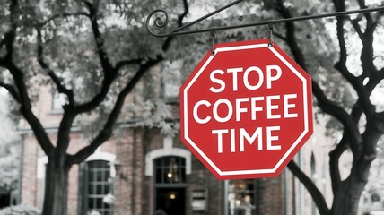 STOP COFFEE TIME street sign in front of a building with trees, no people visible