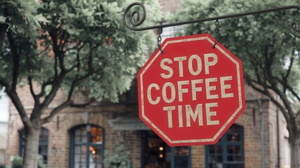 Fototapeta premium STOP COFFEE TIME sign in the style of a stop sign, no people visible in outdoor scene