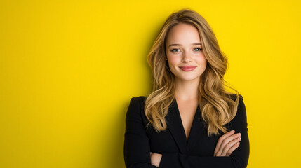 a young woman with long hair, standing with her arms crossed and pointing to the left. The background is a solid bright yellow 