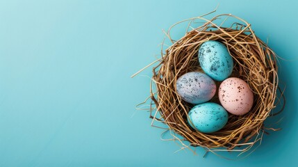 Obraz premium Easter Holiday Greeting Card: Flat Lay of Pastel Eggs in a Bird Nest on a Vibrant Blue Background, with Copy Space