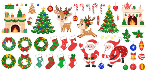 Big Christmas set. Christmas elements and characters. Christmas tree, candy canes, wreaths and socks, Santa Claus and reindeer, holly branches and Christmas tree decorations. White background.