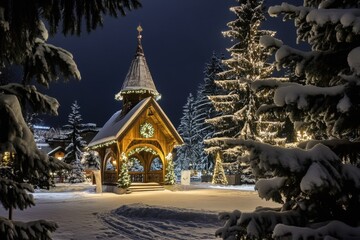 Magical winter night in a snowy forest village