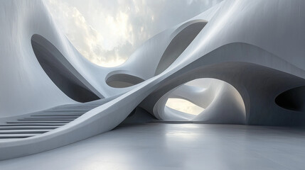 Fototapeta premium surreal architectural landscape featuring smooth, wave-like structures under a soft sky, blending art with functionality