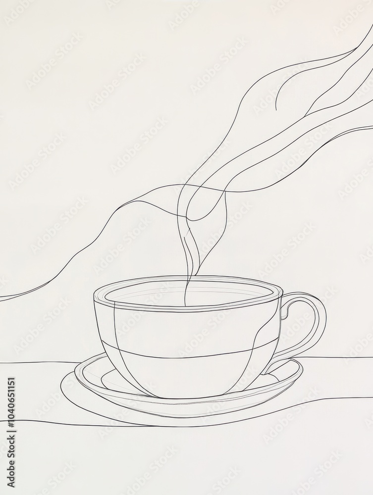 Poster a minimalist line art design depicting a tea cup with gentle steam rising, symbolizing warmth and re