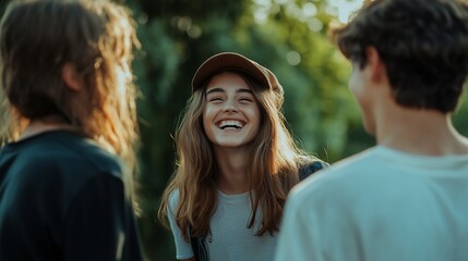 Obraz premium Three young friends laugh together outdoors in the summer.
