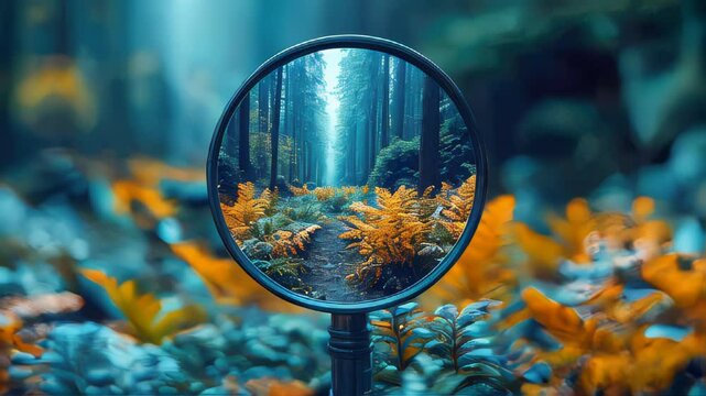 A young plant in vibrant green soil, magnified through a magnifying glass, emphasizing growth, nature, and environmental care