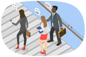 3D Isometric Flat  Illustration of Business Professionals Ascending stairs to Office After Coffee Break with Beaming Smiles, Team Spirit at Company