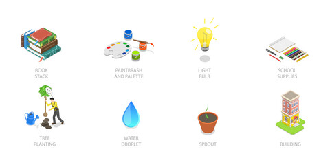 3D Isometric Flat  Illustration of Social Eco Care, Environmental and Educational Initiatives
