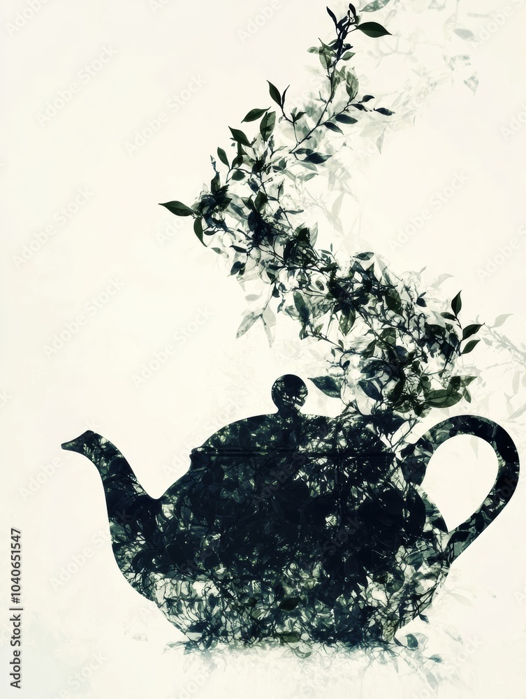 Canvas Prints The silhouette of a teapot gracefully transforms into delicate tea leaves, creating an elegant visual flow of nature and beverage. Generative AI