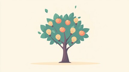 Creative concept of nurturing a tree with lightbulbs as fruit representing idea development in flat design style on a simple background 2D cartoon illustration
