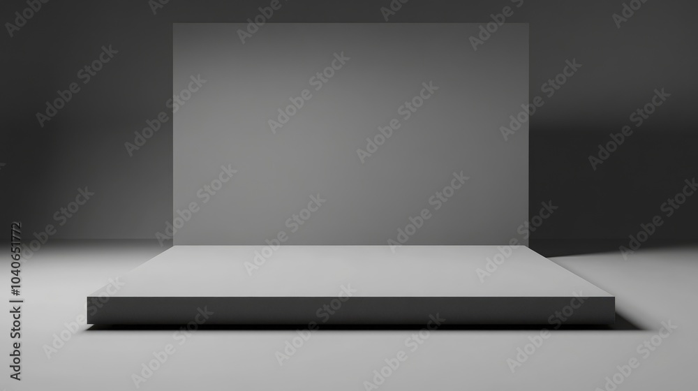 Poster 3d studio setup featuring a gray platform against a gray backdrop designed to emphasize empty space 