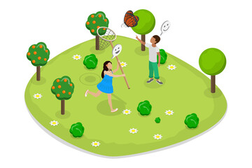 3D Isometric Flat  Illustration of Summer Games, Kids Capturing Fluttering Butterfly Using Net