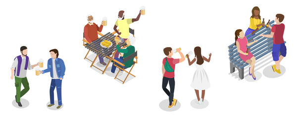 Fototapeta premium 3D Isometric Flat Illustration of People Enjoy Beer, Refreshing and Sociable Qualities of the Drink
