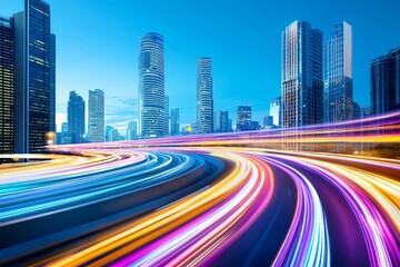 The concept of a smart city with a speed line and glowing light trails surrounding the city and big data connection technology.