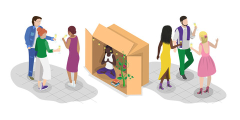 3D Isometric Flat  Illustration of Introvert Vs Extravert, Open and Closed Persons