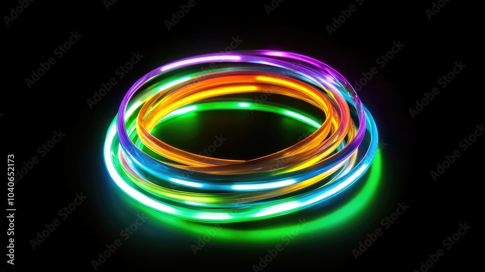 Poster neon circle lines in a 3d cartoon rendering with empty copy space isolated on a black background lon