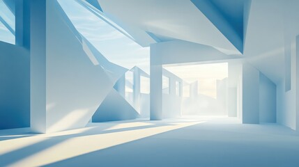 Obraz premium 3D rendering of an empty geometric room in sky blue tones featuring stunning lighting an ideal futuristic backdrop for product presentation