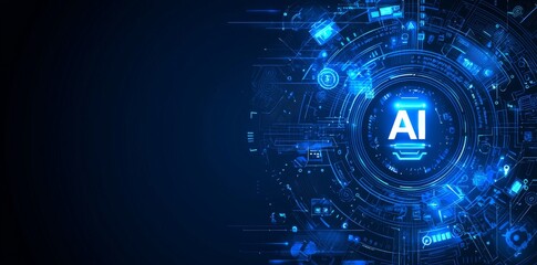 A AI(Stock) infographic banner. Website modern illustration. Concept modern illustration with icons. Neural network diagram, cybernetics, robotics machine. AI, industry.