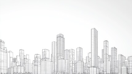 Fototapeta premium Line art depiction of a modern skyscraper building complex within an urban skyline Artistic representation of architectural design in a cityscape