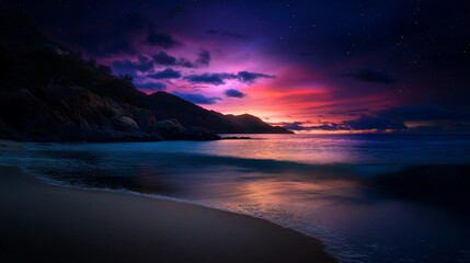 Fototapeta premium A stunning night sky with vibrant colors over a calm, tropical beach.