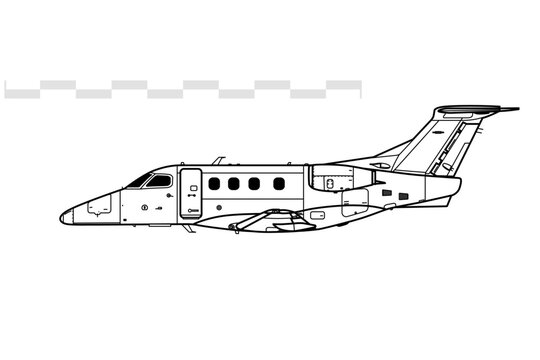 Embraer EMB-500 Phenom 100. Vector drawing of light business jet aircraft. Side view. Image for illustration and infographics.