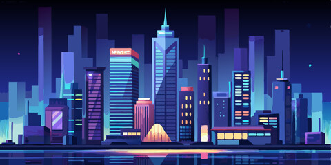 Vibrant futuristic city skyline at night showcasing illuminated buildings and reflections on calm water