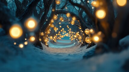 Enchanting forest path adorned with glowing fairy lights in winter twilight, AI