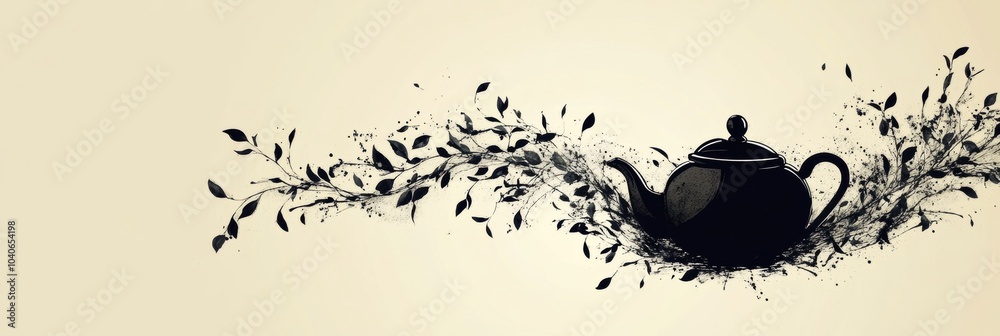 Poster a teapot silhouette seamlessly transforms into flowing tea leaves, representing the essence of tea a
