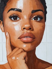 Fototapeta premium Natural Beauty An Attractive Black Woman Touches Her Chin and Looks at the Camera in a Bathroom Embracing Her Smooth Skin After a Skincare Routine